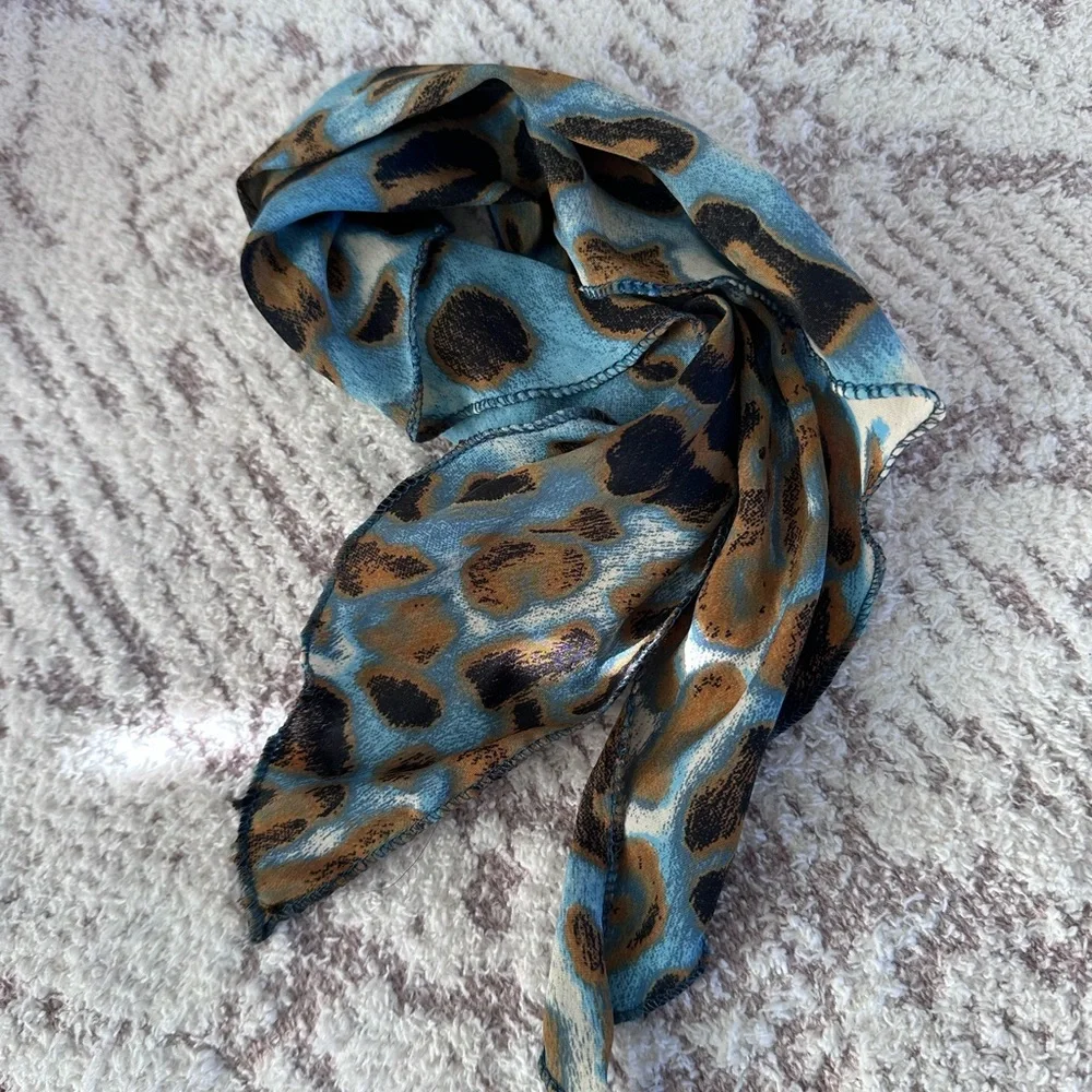 Silk Leopard Print Scarf Blue & Tan | Chic Purse Twilly Hair Neck Scarf
